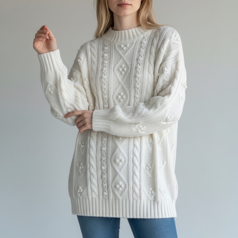 Vintage Chunky Pom Pom Knit Oversized Tunic Sweater Size Large White